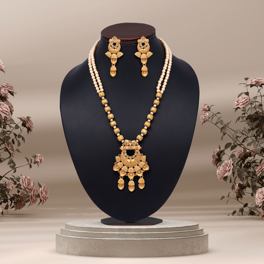 Gold Color Long Matte Gold Rajwadi Temple Necklace Set (TPLN550GLD) - preyans.com