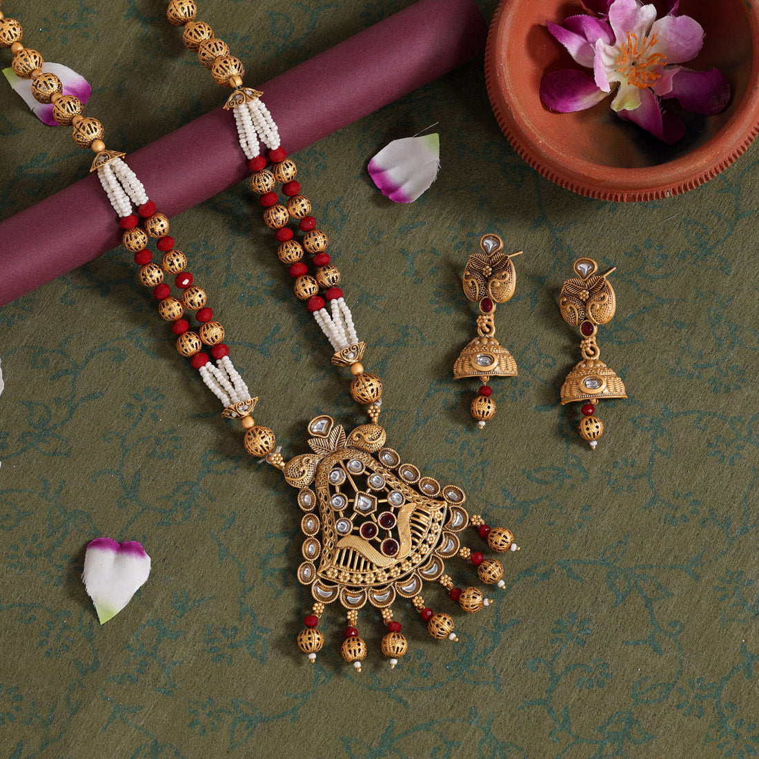 Maroon Color Long Matte Gold Rajwadi Temple Necklace Set (TPLN555MRN) - preyans.com