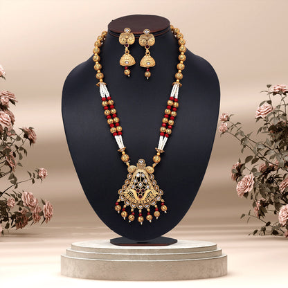 Maroon Color Long Matte Gold Rajwadi Temple Necklace Set (TPLN555MRN) - preyans.com