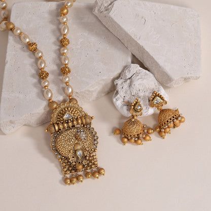 Gold Color Long Matte Gold Rajwadi Temple Necklace Set (TPLN560GLD) - preyans.com