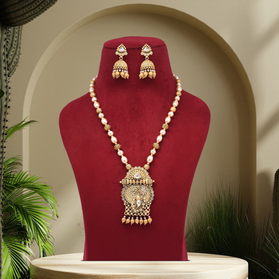 Gold Color Long Matte Gold Rajwadi Temple Necklace Set (TPLN560GLD) - preyans.com