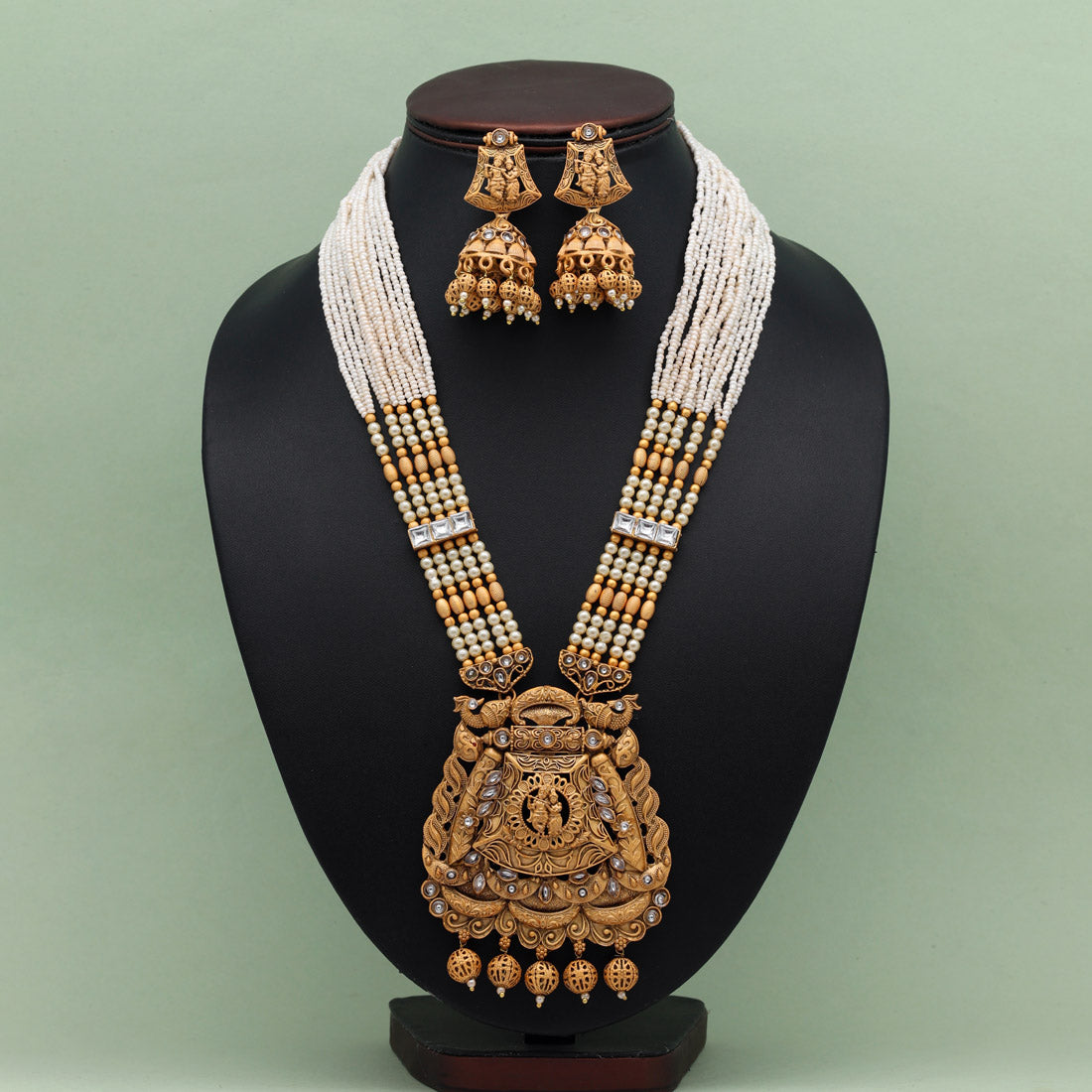 Gold Color Lord Radha Krishna Matte Gold Rajwadi Temple Necklace Set (TPLN584GLD) - preyans.com