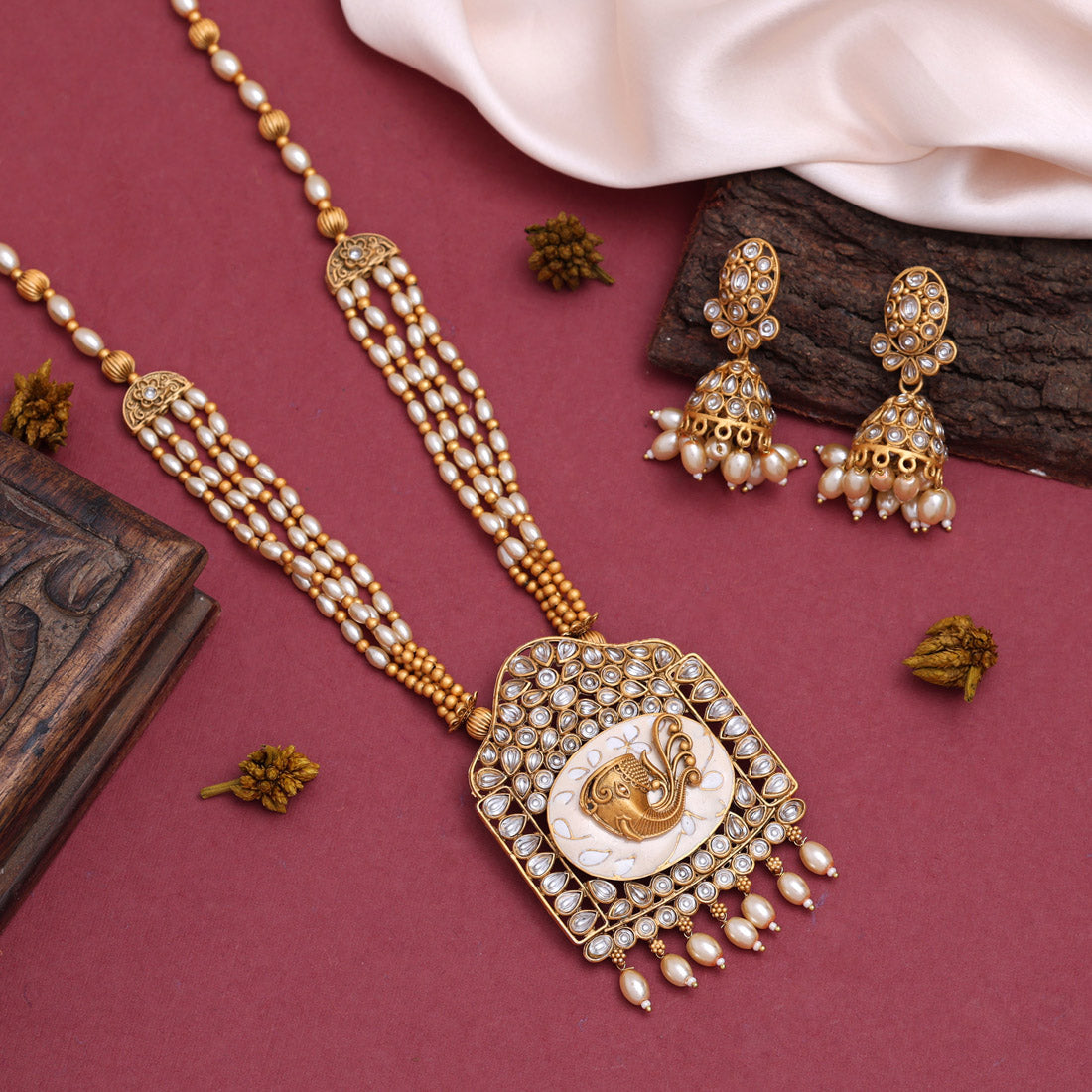 Gold Color Meena Work Matte Gold Rajwadi Temple Necklace Set (TPLN585GLD) - preyans.com