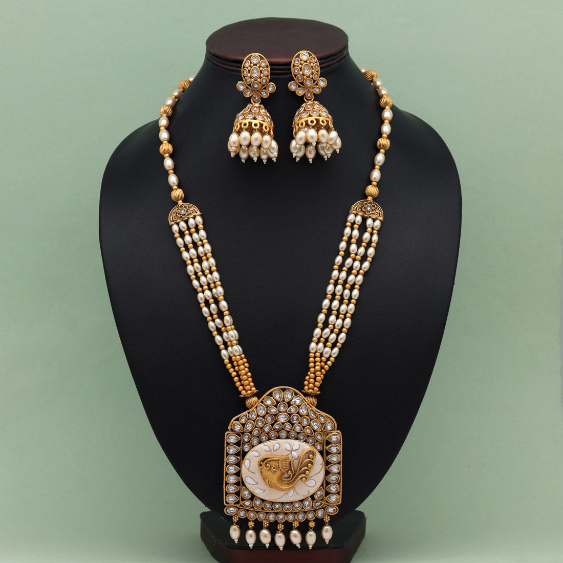 Gold Color Meena Work Matte Gold Rajwadi Temple Necklace Set (TPLN585GLD) - preyans.com