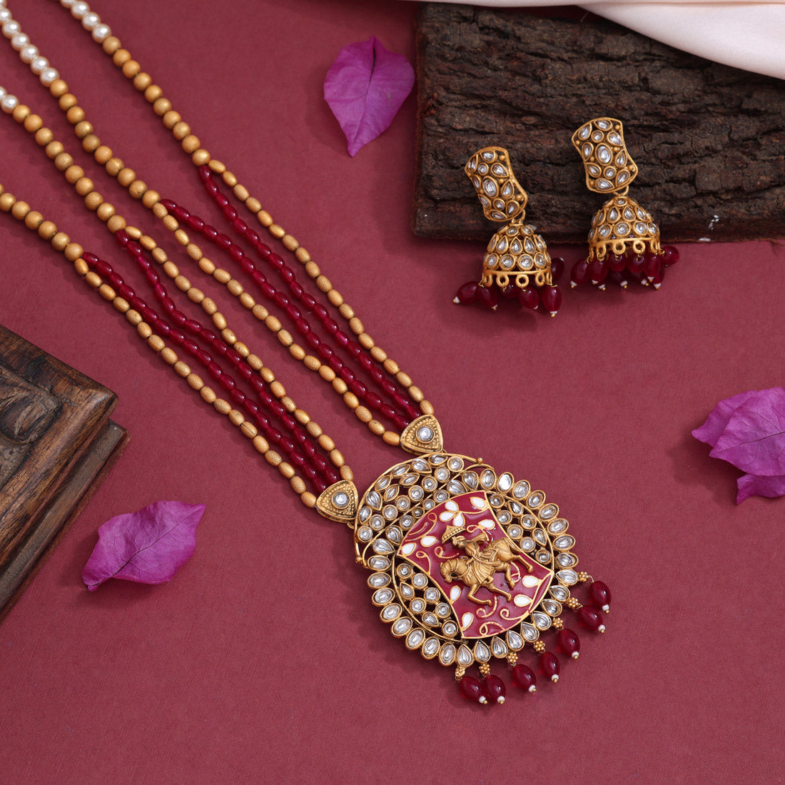 Rani Color Meena Work Vilandi Kundan Matte Gold Rajwadi Temple Necklace Set (TPLN589RNI) - preyans.com