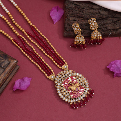 Rani Color Meena Work Vilandi Kundan Matte Gold Rajwadi Temple Necklace Set (TPLN589RNI) - preyans.com