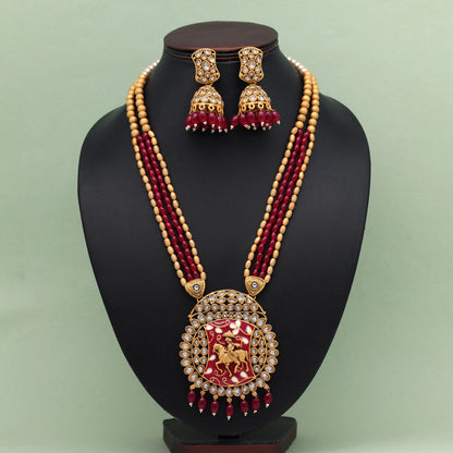 Rani Color Meena Work Vilandi Kundan Matte Gold Rajwadi Temple Necklace Set (TPLN589RNI) - preyans.com