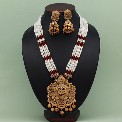 Rani Color Lord Ganesha Vilandi Kundan Matte Gold Rajwadi Temple Necklace Set (TPLN590RNI) - preyans.com