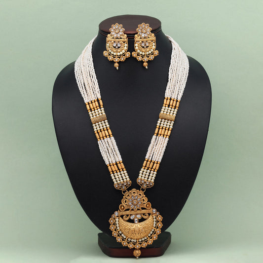 Gold Color Vilandi Kundan Matte Gold Rajwadi Temple Necklace Set (TPLN591GLD) - Preyans.com