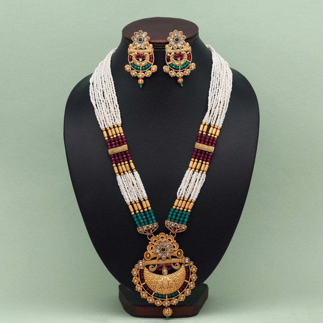 Rani & Green Color Vilandi Kundan Matte Gold Rajwadi Temple Necklace Set (TPLN591RNIGRN) - Preyans.com