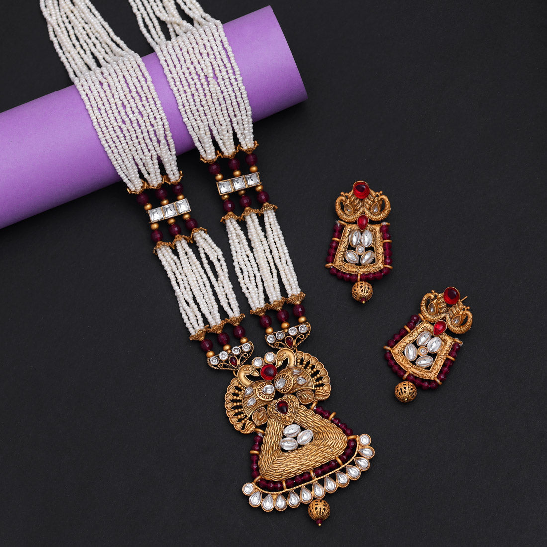 Rani Color Vilandi Kundan Matte Gold Rajwadi Temple Necklace Set (TPLN593RNI) - preyans.com