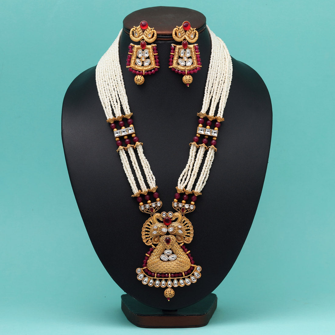 Rani Color Vilandi Kundan Matte Gold Rajwadi Temple Necklace Set (TPLN593RNI) - preyans.com