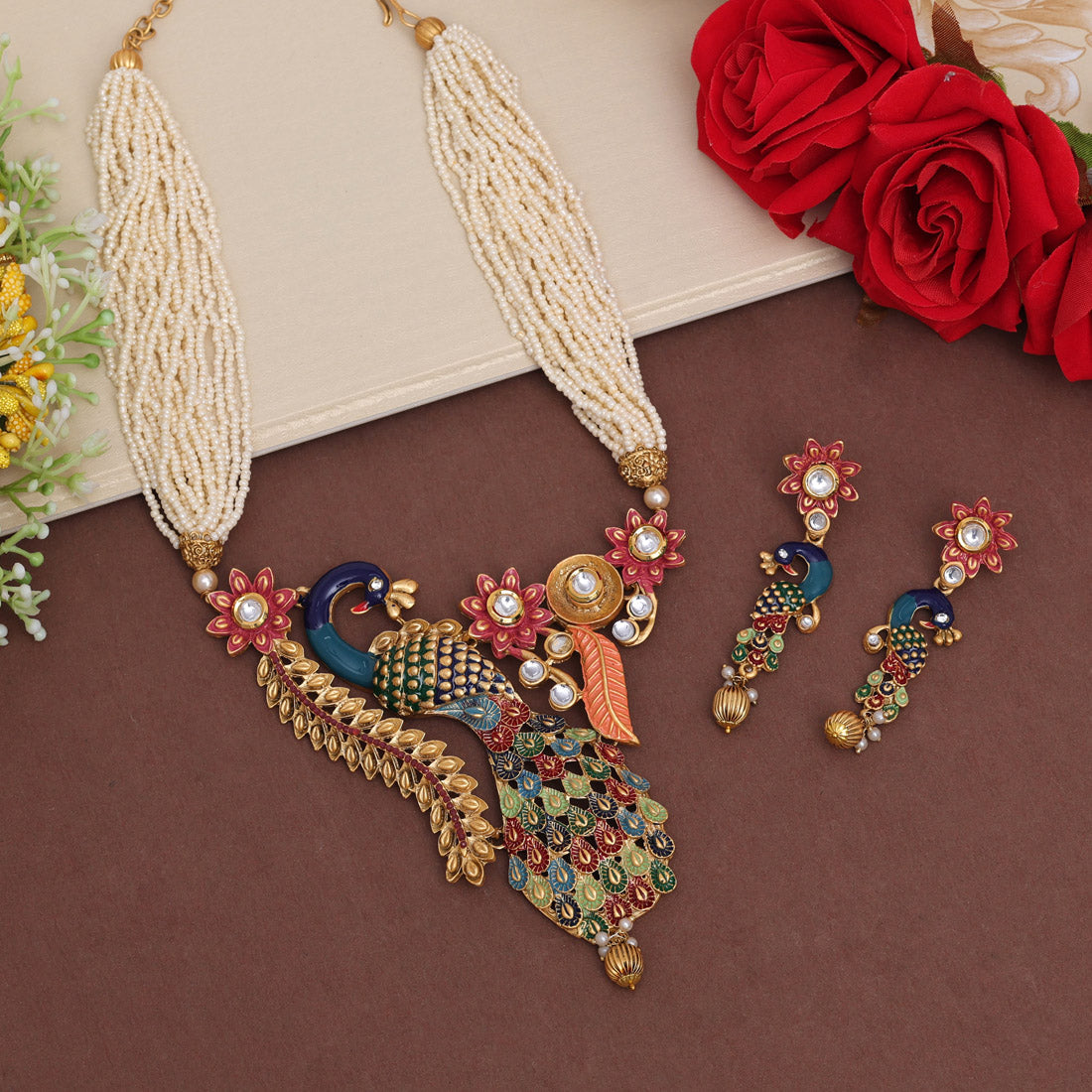 Multi Color Peacock Inspired Meenakari Rajwadi Matte Gold Necklace Set (TPLN611MLT) - preyans.com