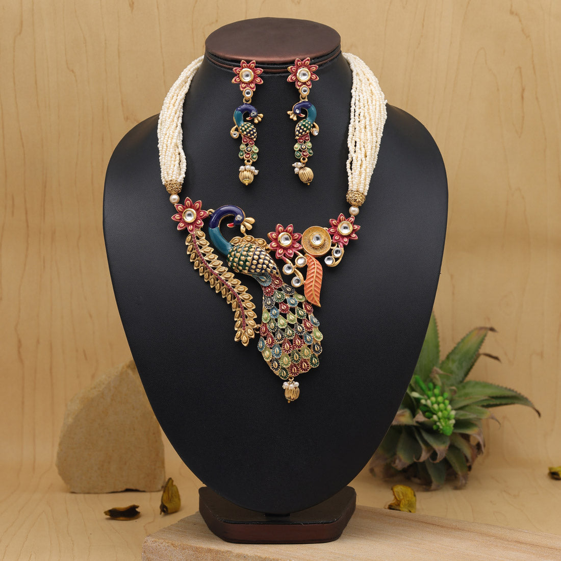 Multi Color Peacock Inspired Meenakari Rajwadi Matte Gold Necklace Set (TPLN611MLT) - preyans.com