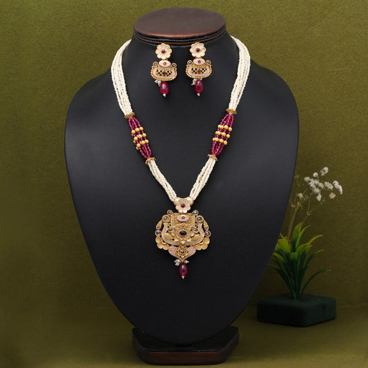 Rani Color Meena Work Rajwadi Matte Gold Necklace Set (TPLN615RNI) - preyans.com