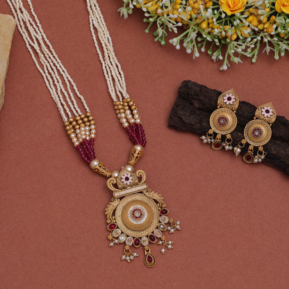 Rani Color Meena Work Rajwadi Matte Gold Necklace Set (TPLN616RNI) - preyans.com