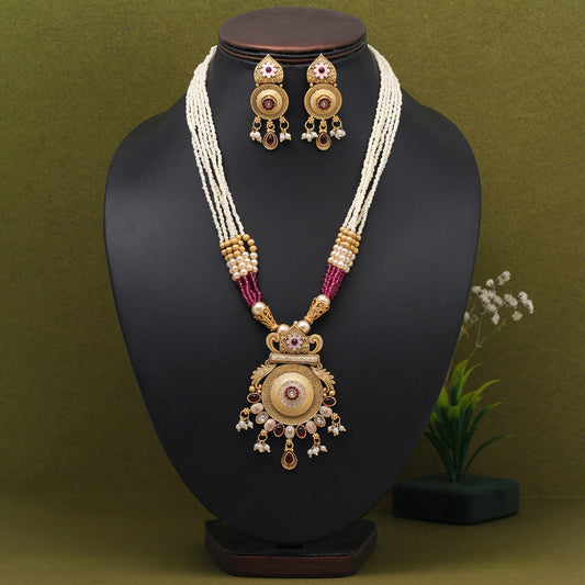 Rani Color Meena Work Rajwadi Matte Gold Necklace Set (TPLN616RNI) - preyans.com