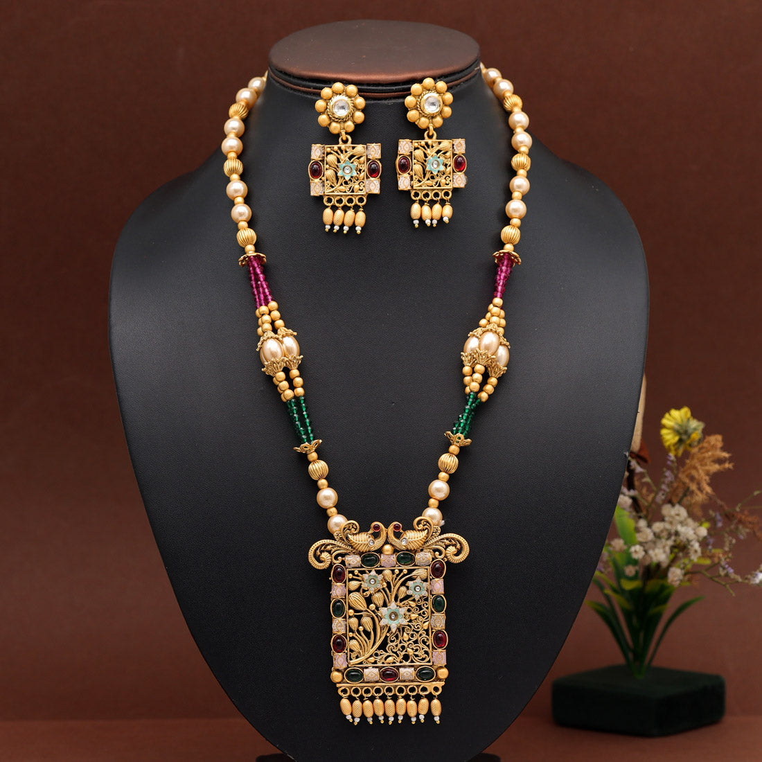 Rani & Green Color Meena Work Rajwadi Temple Necklace Set (TPLN619RNIGRN) - preyans.com