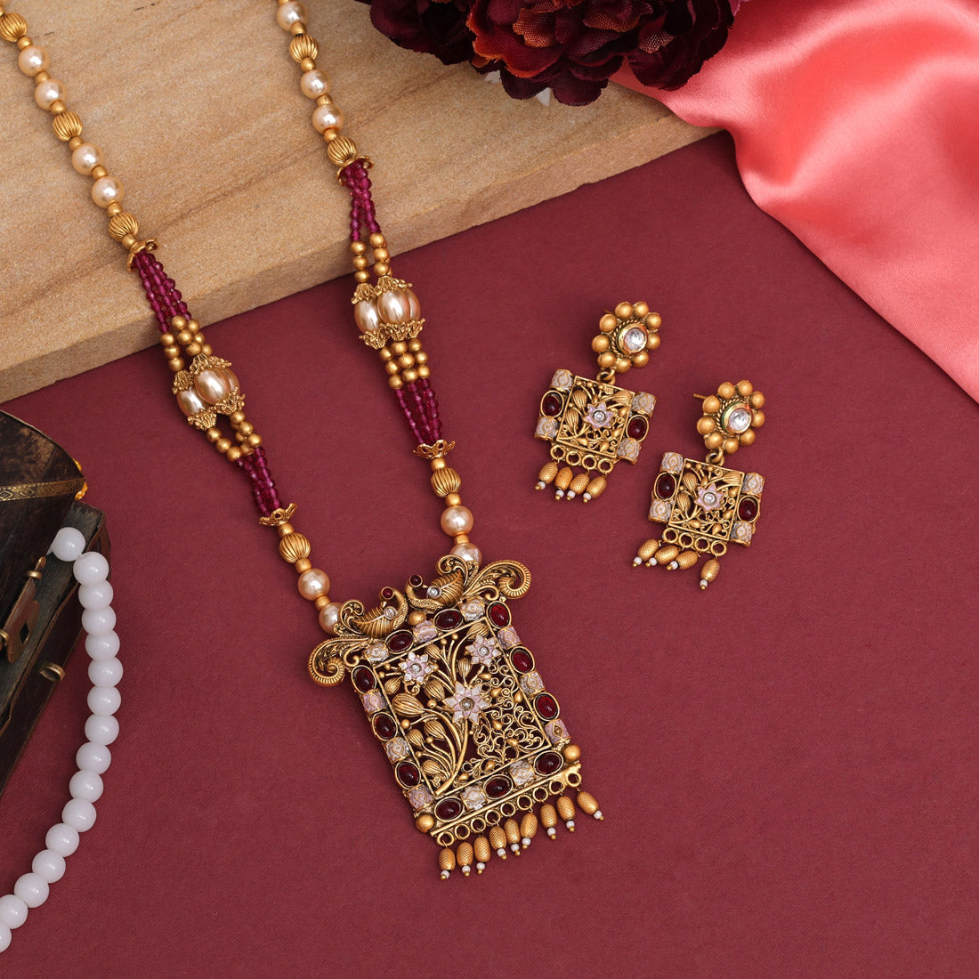 Rani Color Meena Work Rajwadi Temple Necklace Set (TPLN619RNI) - preyans.com