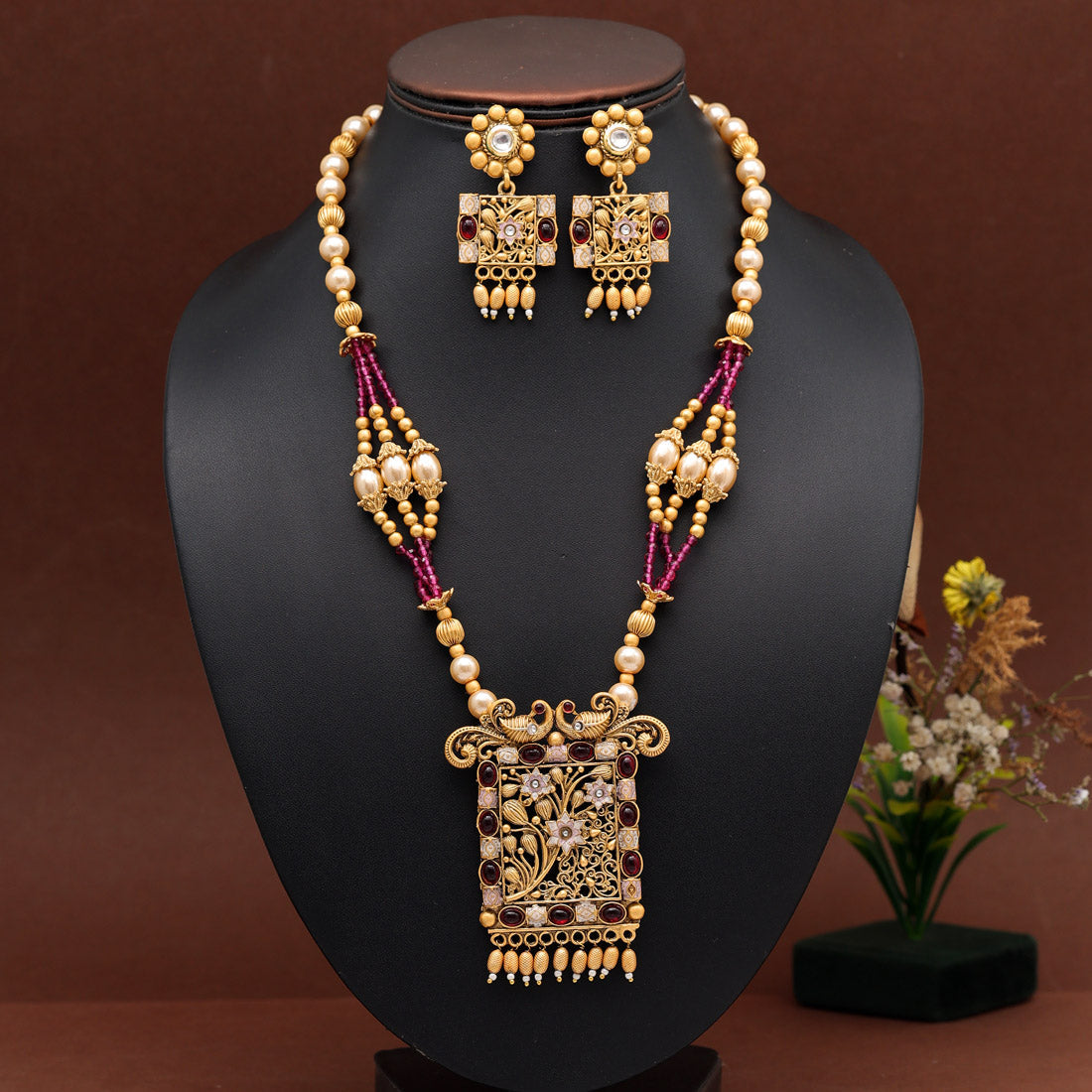 Rani Color Meena Work Rajwadi Temple Necklace Set (TPLN619RNI) - preyans.com