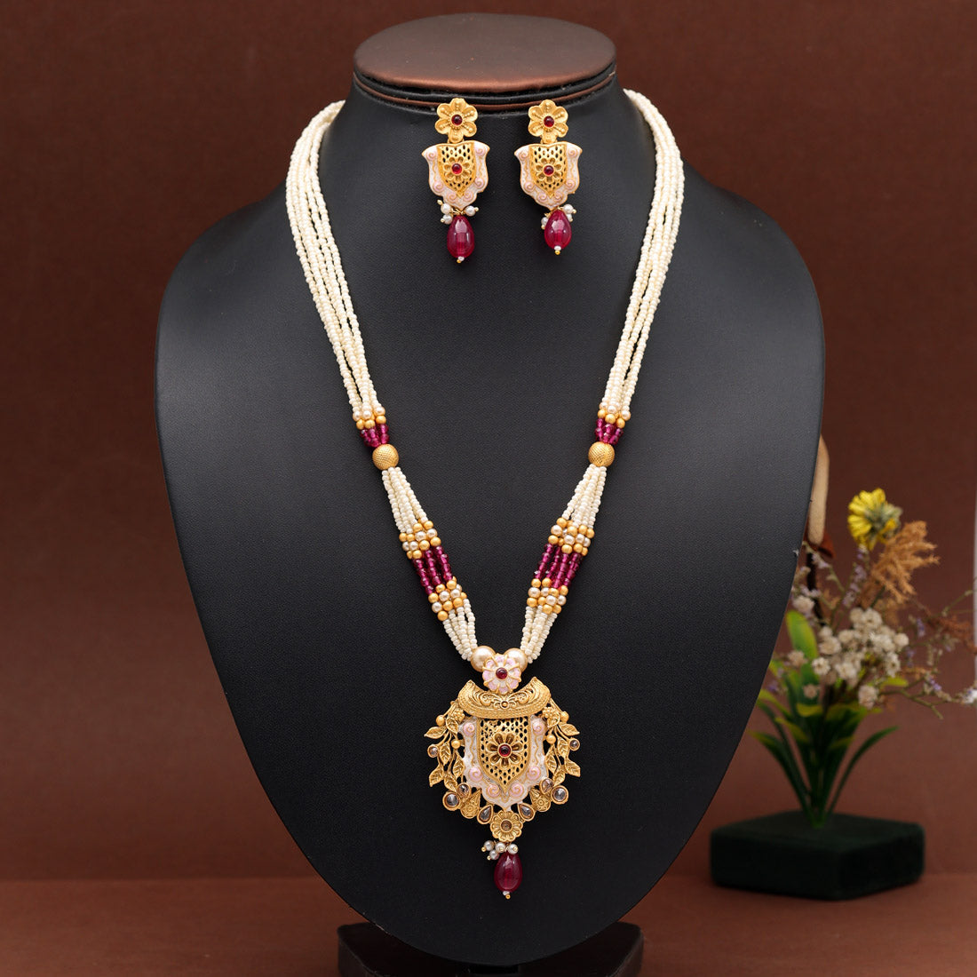 Rani Color Meena Work Rajwadi Temple Necklace Set (TPLN622RNI) - preyans.com