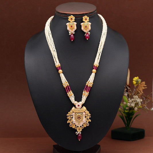 Rani Color Meena Work Rajwadi Temple Necklace Set (TPLN622RNI) - preyans.com