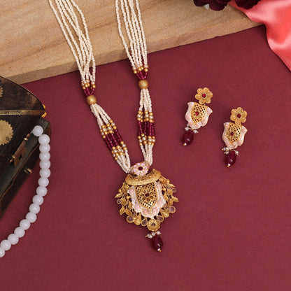 Rani Color Meena Work Rajwadi Temple Necklace Set (TPLN622RNI) - preyans.com