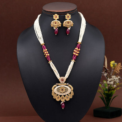 Rani Color Meena Work Rajwadi Temple Necklace Set (TPLN623RNI) - preyans.com