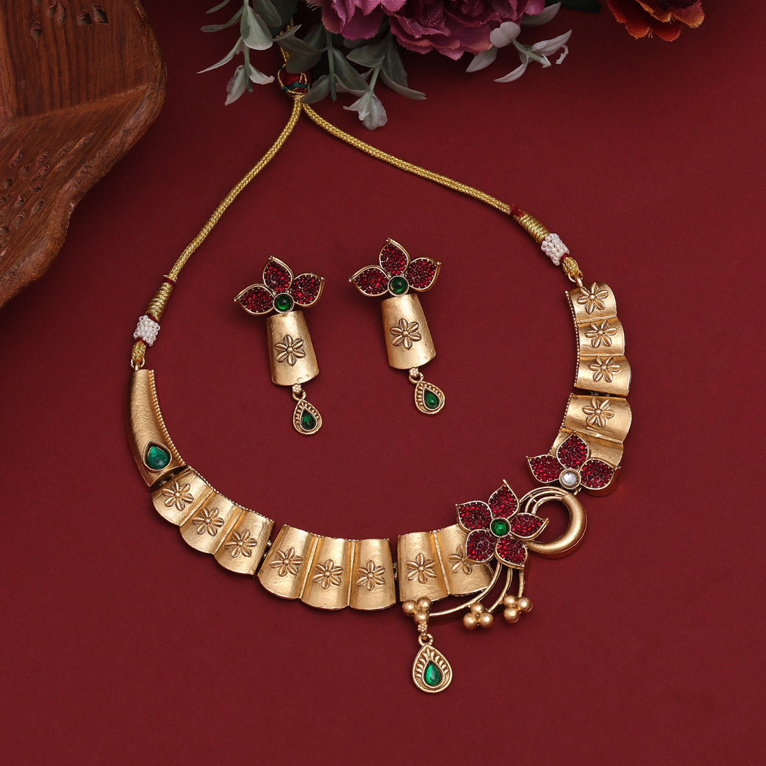 Rani & Green Color Rajwadi Matte Gold Necklace Set (TPLN625RNIGRN) - preyans.com