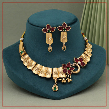 Rani & Green Color Rajwadi Matte Gold Necklace Set (TPLN625RNIGRN) - preyans.com