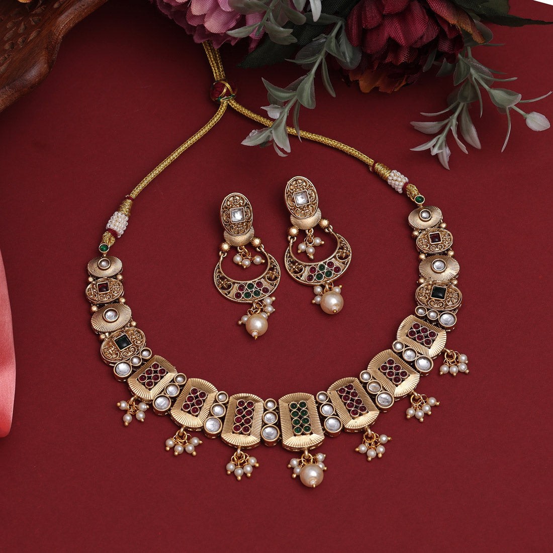 Rani & Green Color Rajwadi Matte Gold Necklace Set (TPLN626RNIGRN) - preyans.com