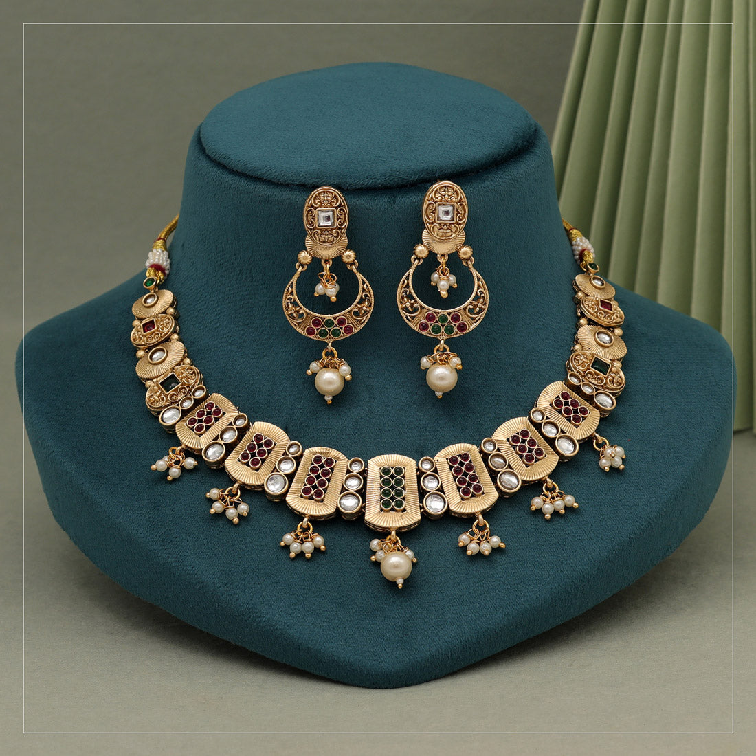 Rani & Green Color Rajwadi Matte Gold Necklace Set (TPLN626RNIGRN) - preyans.com