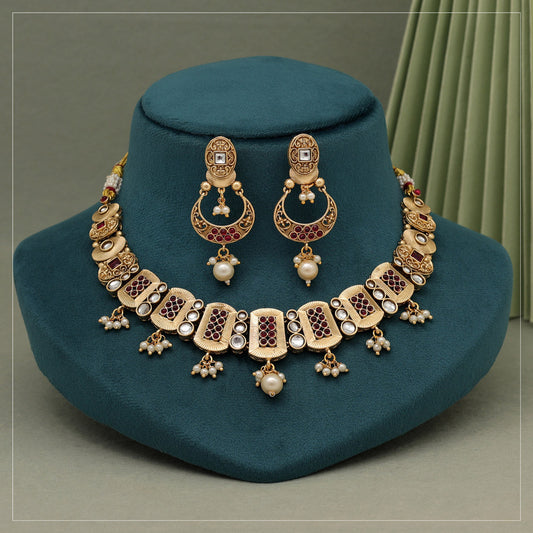 Rani Color Rajwadi Matte Gold Necklace Set (TPLN626RNI) - preyans.com