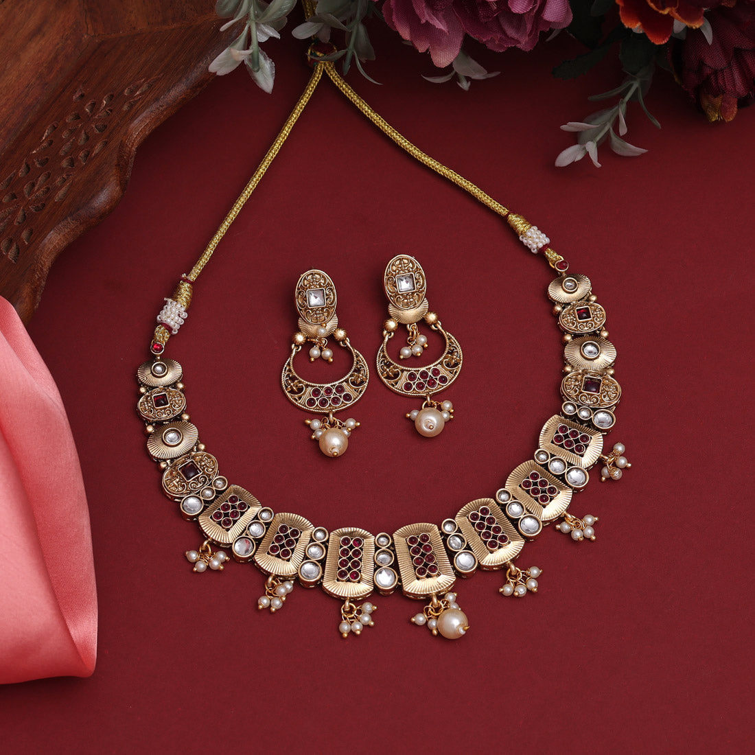 Rani Color Rajwadi Matte Gold Necklace Set (TPLN626RNI) - preyans.com