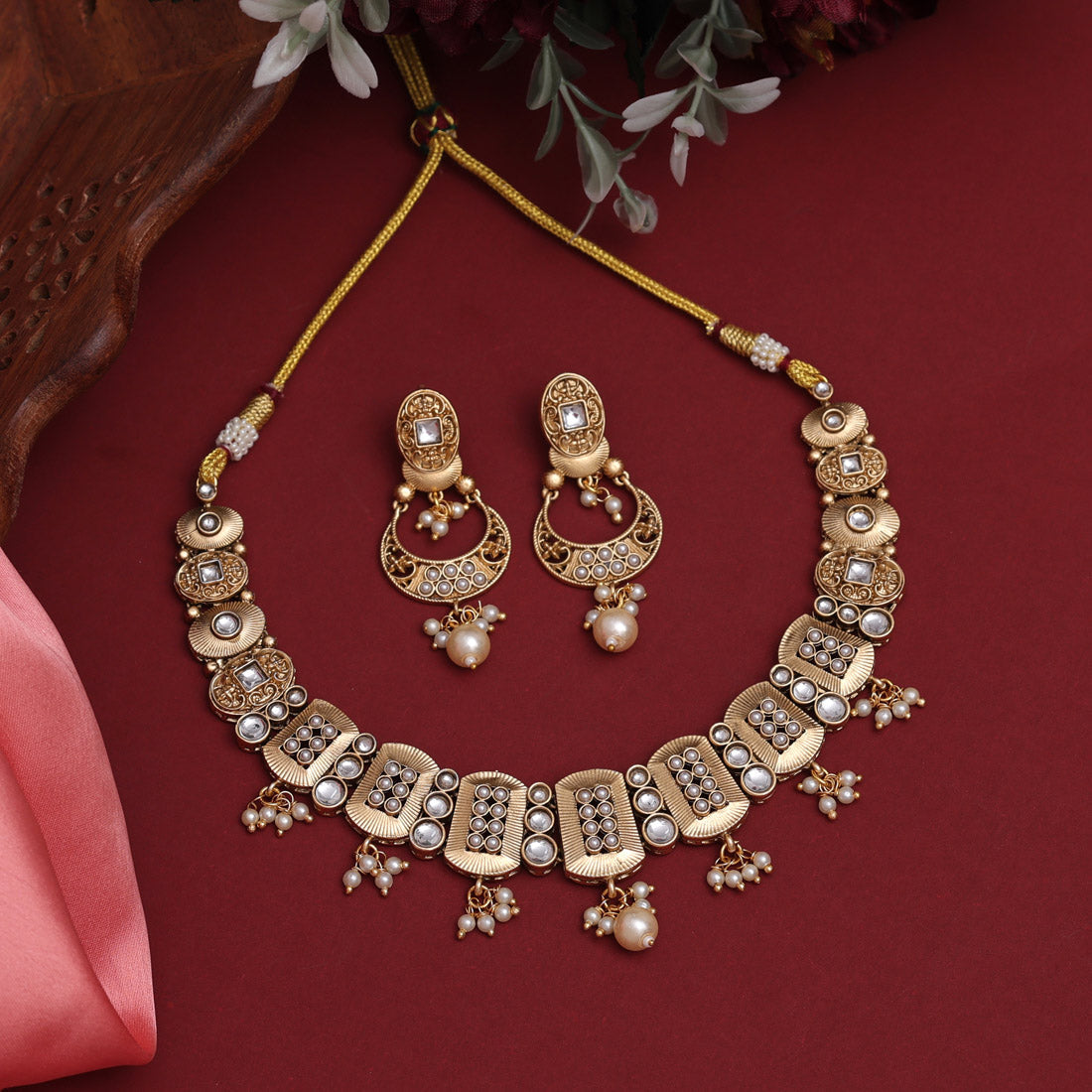 White Color Rajwadi Matte Gold Necklace Set (TPLN626WHT) - preyans.com