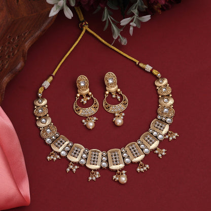 White Color Rajwadi Matte Gold Necklace Set (TPLN626WHT) - preyans.com