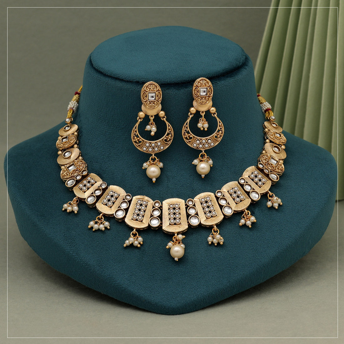 White Color Rajwadi Matte Gold Necklace Set (TPLN626WHT) - preyans.com