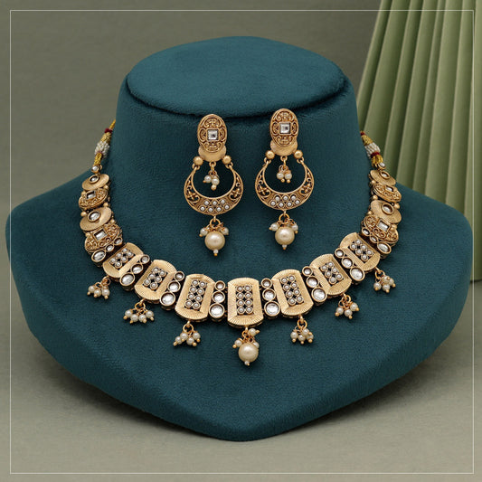 White Color Rajwadi Matte Gold Necklace Set (TPLN626WHT) - preyans.com