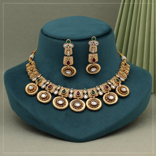 Rani & Green Color Rajwadi Matte Gold Necklace Set (TPLN636RNIGRN) - Preyans.com