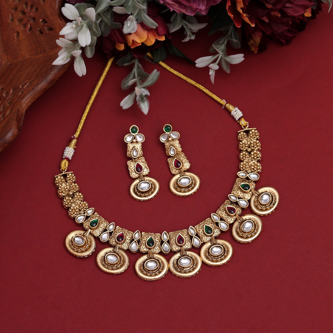 Rani & Green Color Rajwadi Matte Gold Necklace Set (TPLN636RNIGRN) - Preyans.com