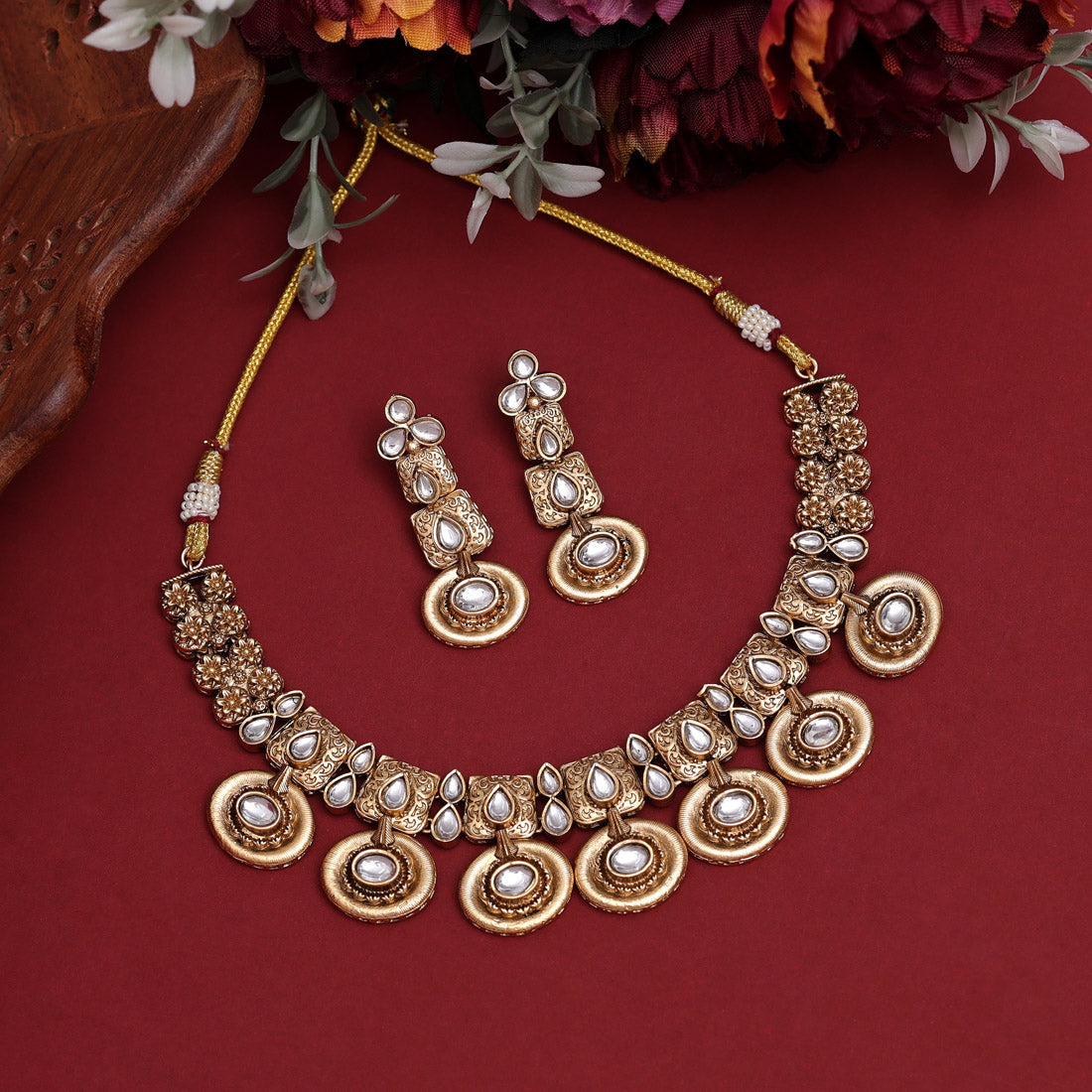 White Color Rajwadi Matte Gold Necklace Set (TPLN636WHT) - preyans.com