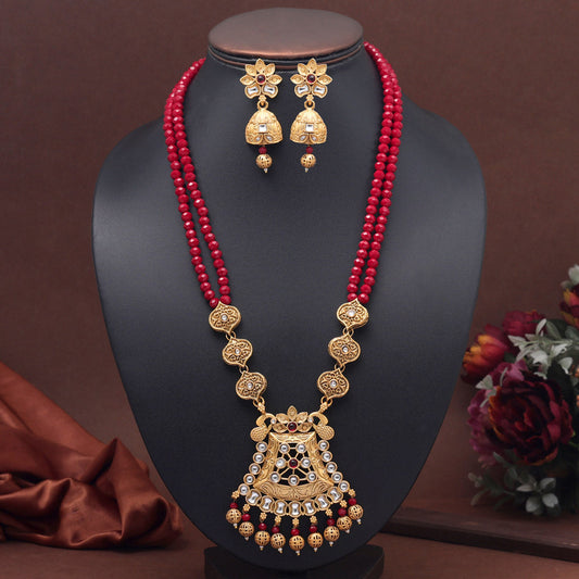 Maroon Color Rajwadi Matte Gold Necklace Set (TPLN638MRN) - preyans.com