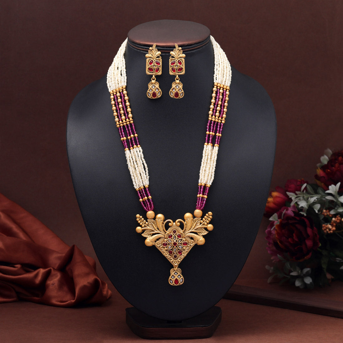 Rani Color Rajwadi Matte Gold Necklace Set (TPLN639RNI) - preyans.com