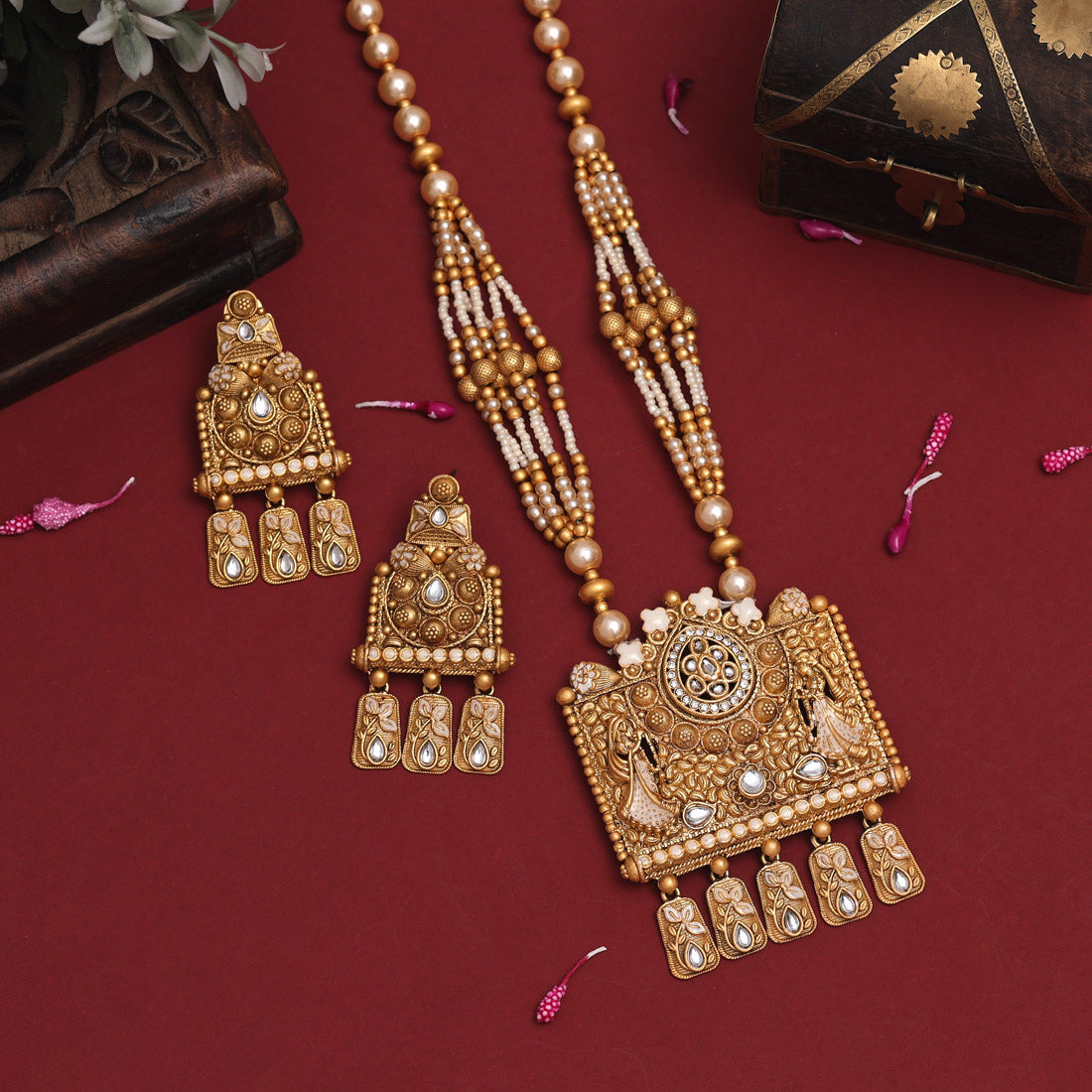 Gold Color Meena Work Rajwadi Matte Gold Necklace Set (TPLN645GLD) - preyans.com