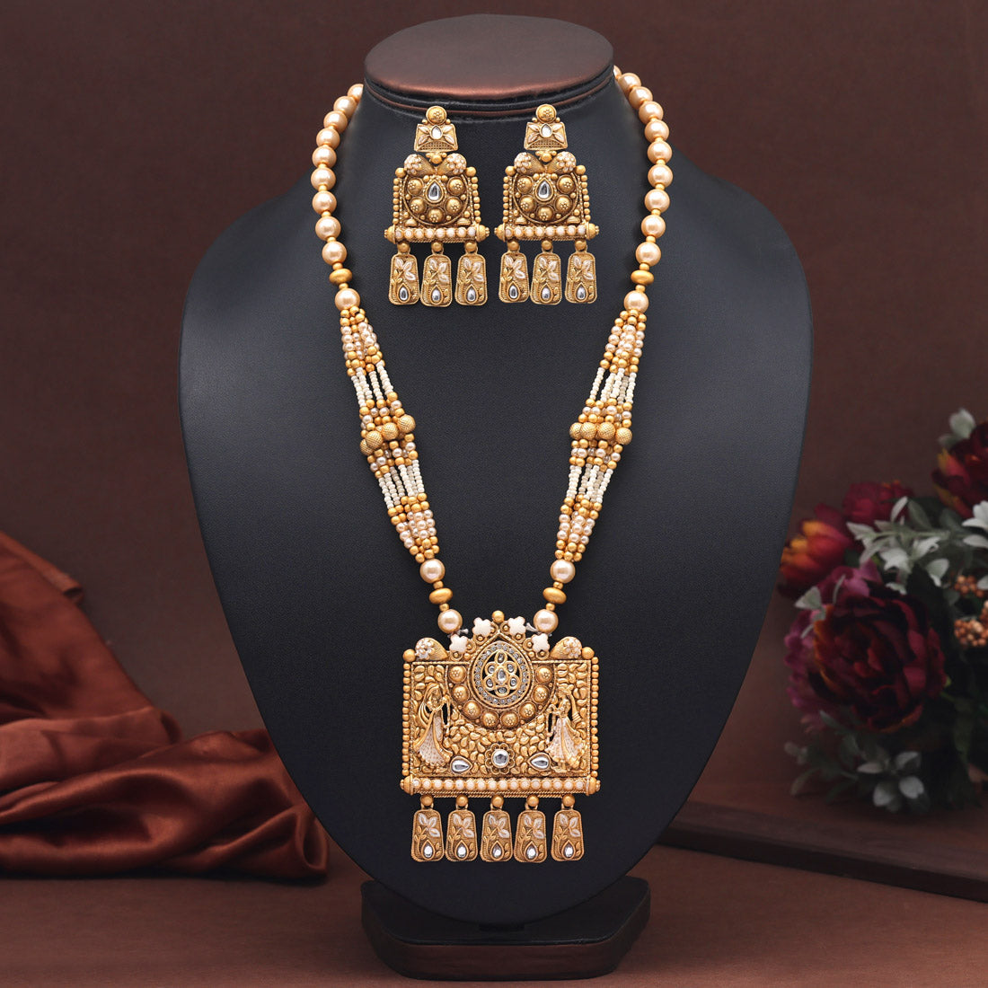 Gold Color Meena Work Rajwadi Matte Gold Necklace Set (TPLN645GLD) - preyans.com