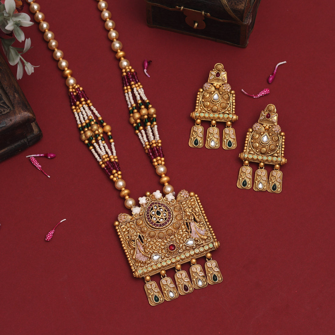 Multi Color Meena Work Rajwadi Matte Gold Necklace Set (TPLN645MLT) - preyans.com