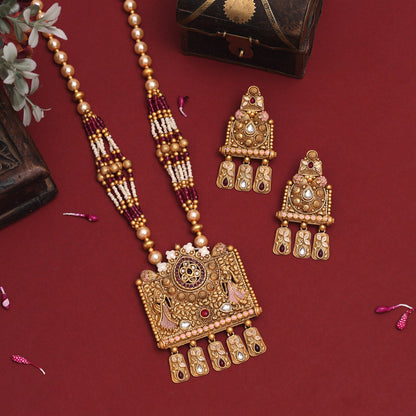 Rani Color Meena Work Rajwadi Matte Gold Necklace Set (TPLN645RNI) - preyans.com