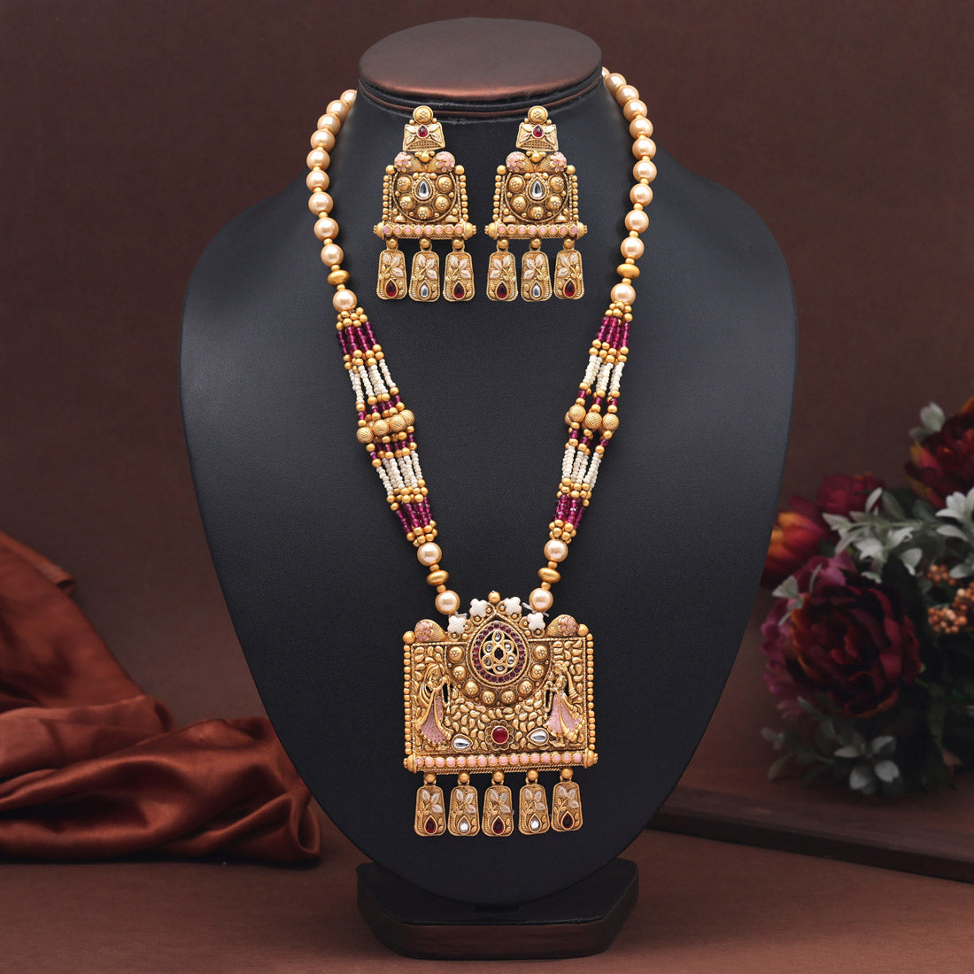 Rani Color Meena Work Rajwadi Matte Gold Necklace Set (TPLN645RNI) - preyans.com