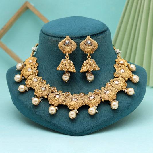 Gold Color Matte Gold Rajwadi Temple Necklace Set (TPLN655GLD) - Preyans.com