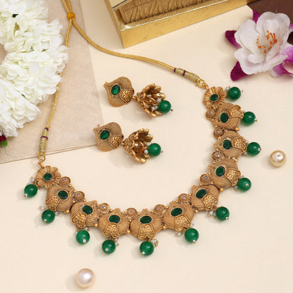 Green Color Matte Gold Rajwadi Temple Necklace Set (TPLN655GRN) - Preyans.com